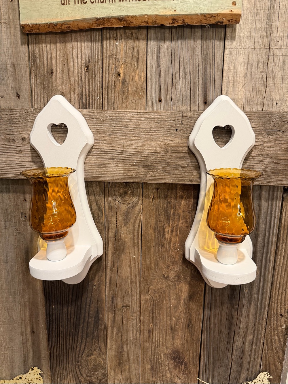 Vintage BOHO Farmhouse White Wooden Wall Sconce Pair with Amber Glass Shades